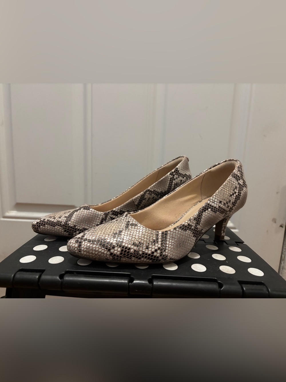 Clarks Beige and Black Snakeskin Kitten Heel Pumps